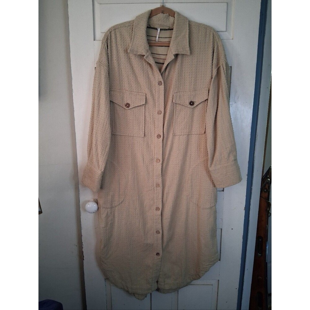 Free People Tan Button-Front Long Dress Duster Shirt Jacket Textured Cotton Sz M